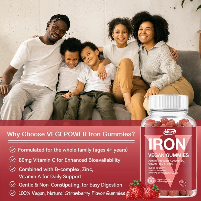 Iron Gummies for Women & Kids – Vegan Iron with Vitamin C & B-Complex (60 Gummies)