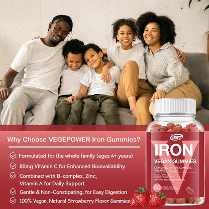 Iron Gummies for Women & Kids – Vegan Iron with Vitamin C & B-Complex (60 Gummies)