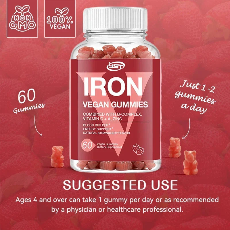 Iron Gummies for Women & Kids – Vegan Iron with Vitamin C & B-Complex (60 Gummies)