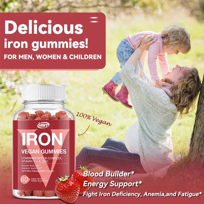 Iron Gummies for Women & Kids – Vegan Iron with Vitamin C & B-Complex (60 Gummies)
